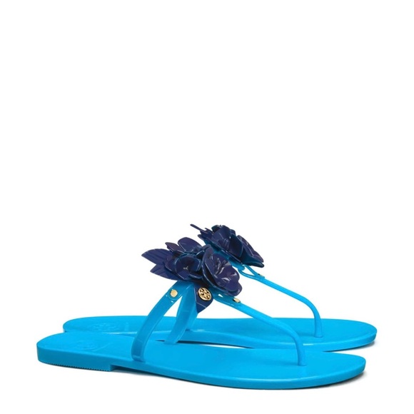 Tory Burch Blossom Teal and Navy jelly  Floral Sandals - Picture 1 of 5
